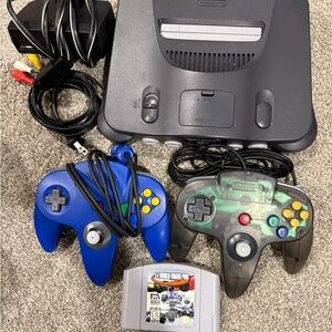 N64 Console with cables 2 controllers and game